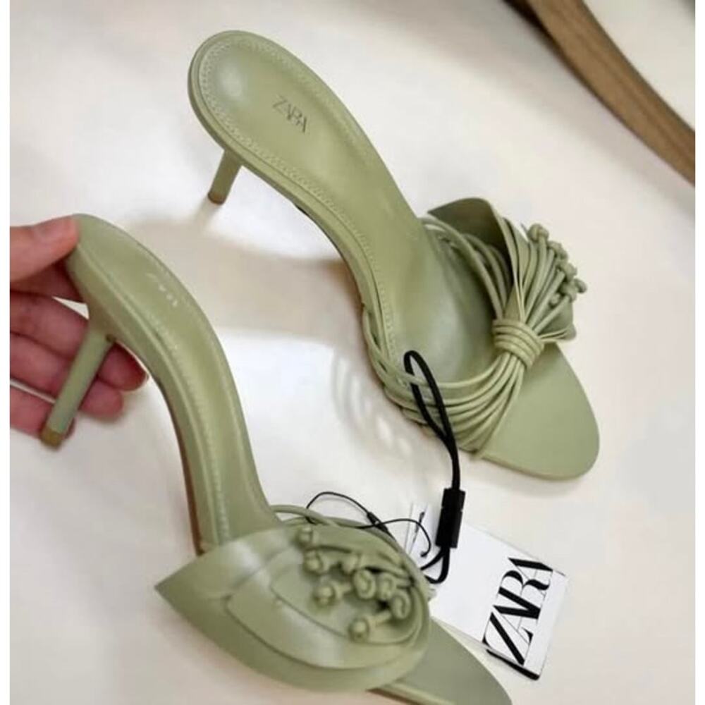 Zara Sage Green Rosette Mule Heels Strappy Sandals NWT - Picture 14 of 16